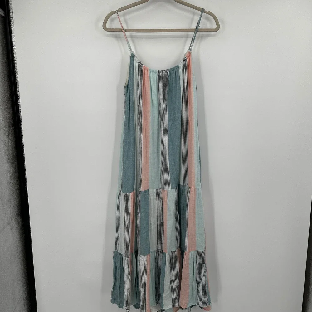 Rails Adora Highland Stripe Tiered Linen Blend Maxi Dress Medium Coral Teal Boho - Picture 7 of 11